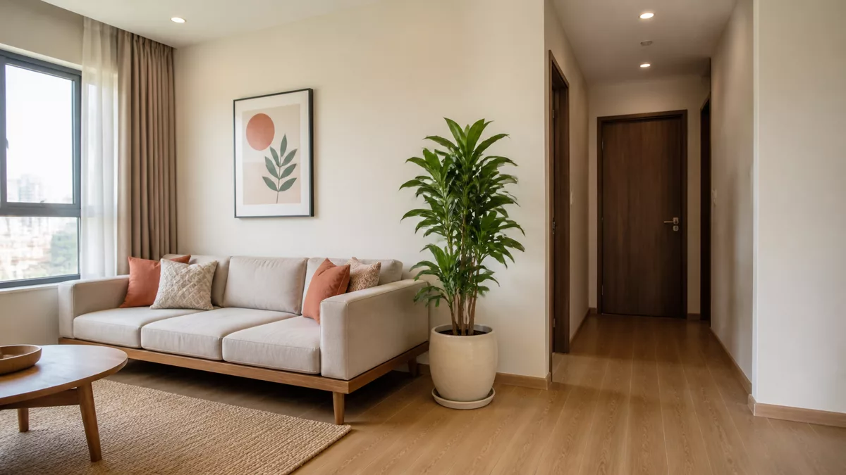 Một cây sàn tán gọn đặt cạnh sofa và ngoài lối đi