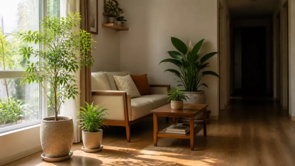 Các cây trong phòng khách đặt ở khoảng sáng khác nhau gần cửa sổ