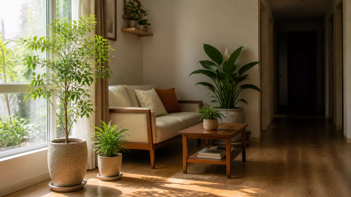 Các cây trong phòng khách đặt ở khoảng sáng khác nhau gần cửa sổ