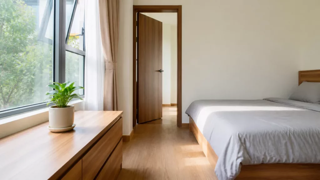Cây nhỏ trên tủ gần cửa sổ xa giường và lối đi