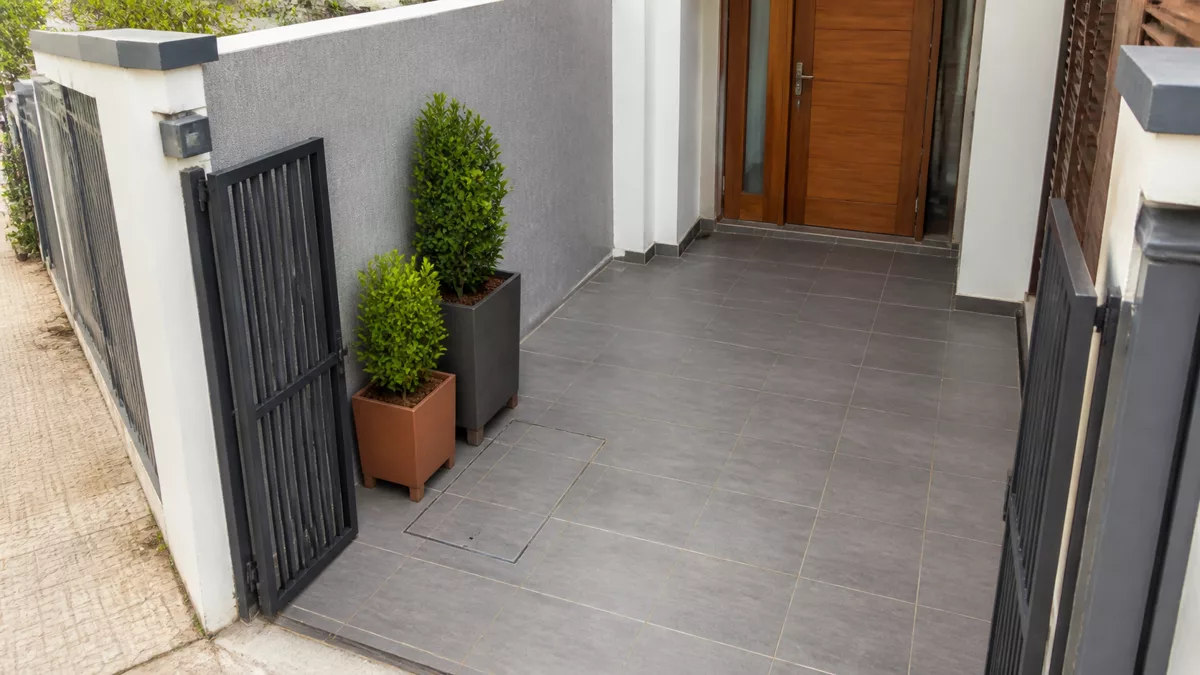 Hai chậu cây tán đứng đặt dọc tường và chừa giữa sân thông thoáng