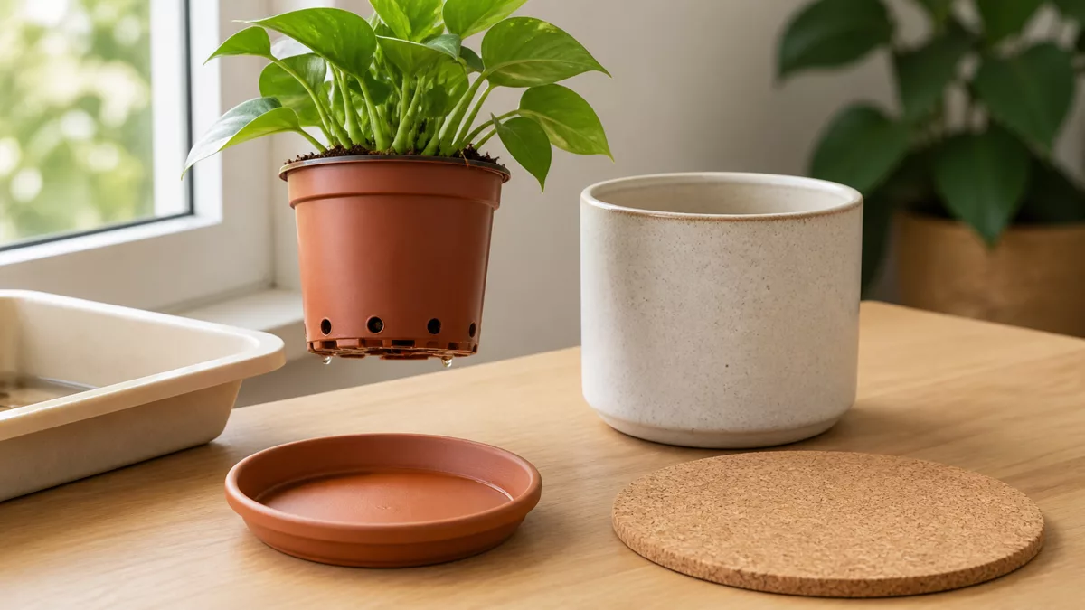 Chậu nhựa có lỗ thoát bên cạnh vỏ chậu khay và miếng lót bần