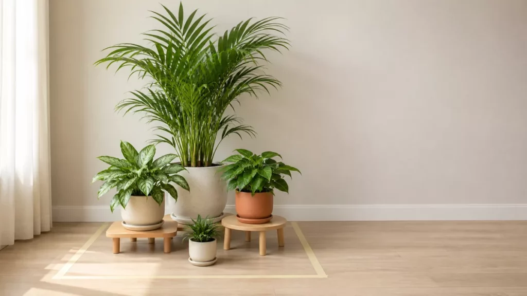 Bốn chậu cây được xếp thành ba tầng cao trong vùng sàn đánh dấu rõ ràng