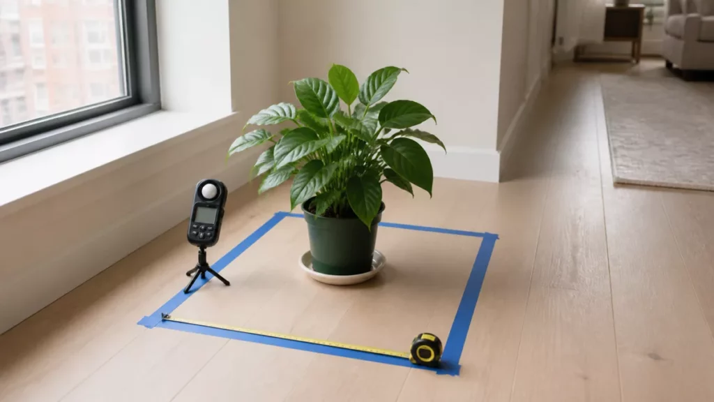 Cây trong chậu cạnh máy đo sáng và vùng sàn được đánh dấu để kiểm tra diện tích sử dụng