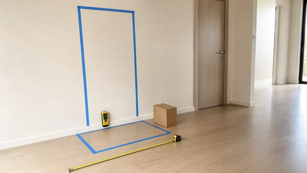 Băng dính đánh dấu kích thước bàn thờ trên tường và sàn cạnh dụng cụ đo