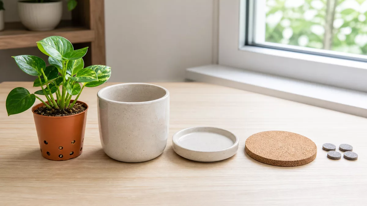Chậu trồng có lỗ vỏ chậu khay lót bần và miếng chống trượt