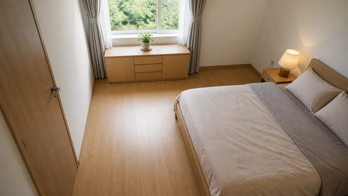 Phòng ngủ nhìn từ trên với cây trên tủ gần cửa sổ và lối đi rộng