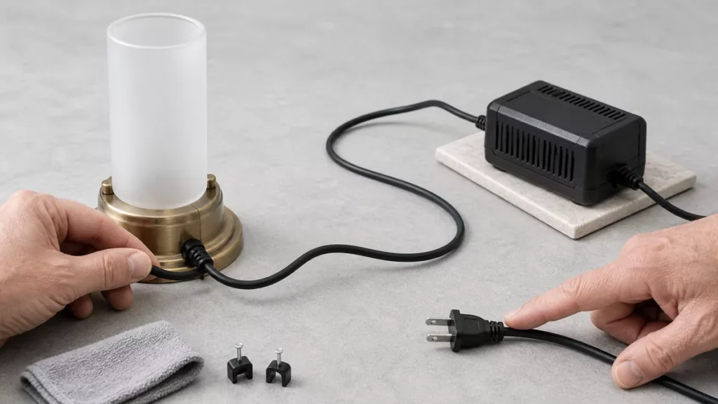 Tay kiểm tra điểm chống gập dây cạnh đèn LED đã rút phích và bộ nguồn thoáng
