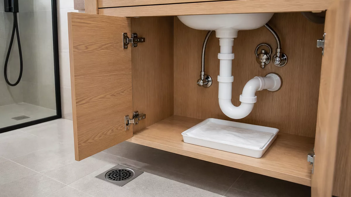Tủ lavabo mở để kiểm tra ống xả van và mối nối