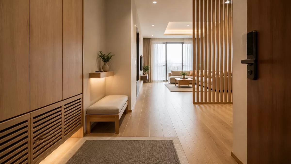 Lối vào căn hộ có tủ giày ghế ngồi và lam gỗ thoáng