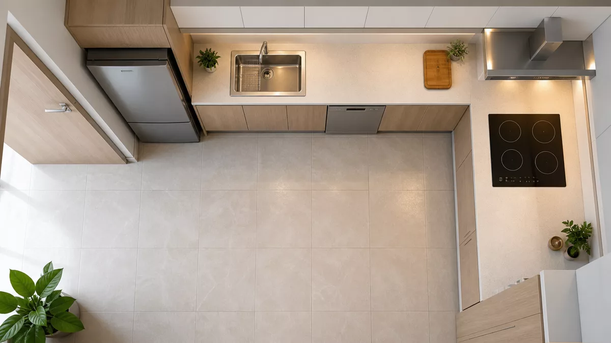 Mặt bằng bếp chữ L với tủ lạnh chậu rửa bàn sơ chế và bếp nấu