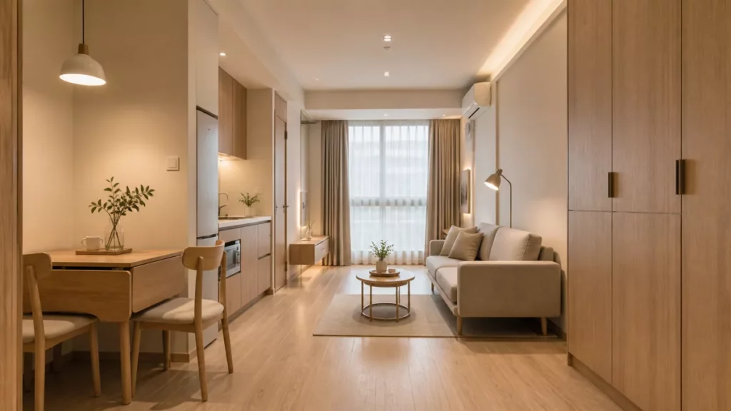 Nhà nhỏ có sofa gọn tủ cao và lối đi thông thoáng