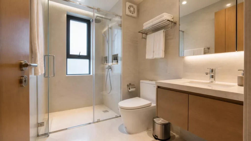Nhà vệ sinh sạch có khu tắm riêng cửa sổ và quạt hút