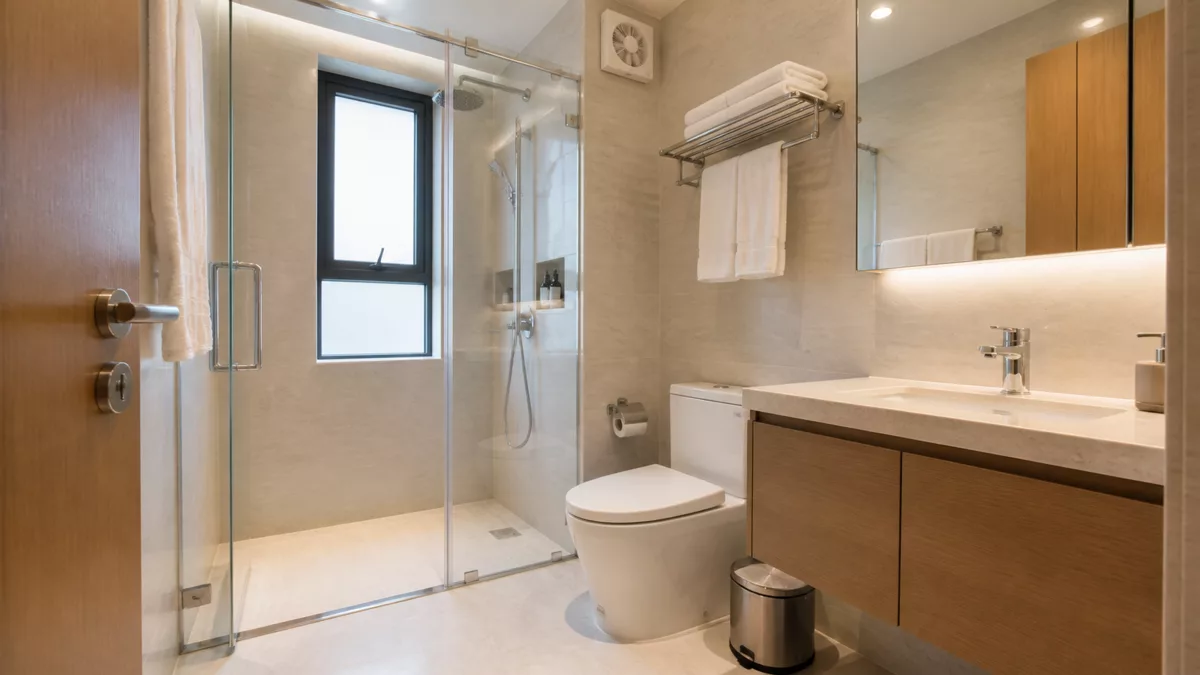 Nhà vệ sinh sạch có khu tắm riêng cửa sổ và quạt hút
