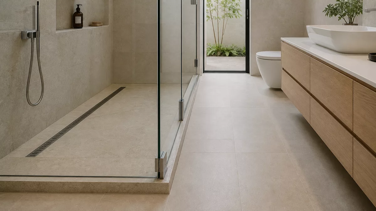 Vách kính và rãnh thoát nước tách khu tắm khỏi lối đi khô