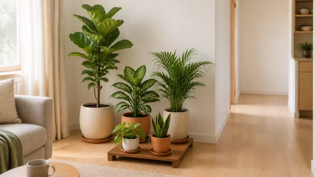 Năm cây xanh được phối theo tầng cao trong một cụm gọn cạnh lối đi rộng