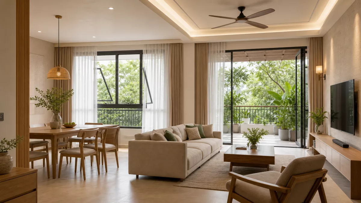 Phòng khách có cửa mở rèm khuếch tán và quạt trần
