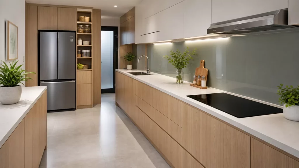 Nhà bếp có tủ lạnh chậu rửa bàn sơ chế và bếp nấu bố trí liên tục