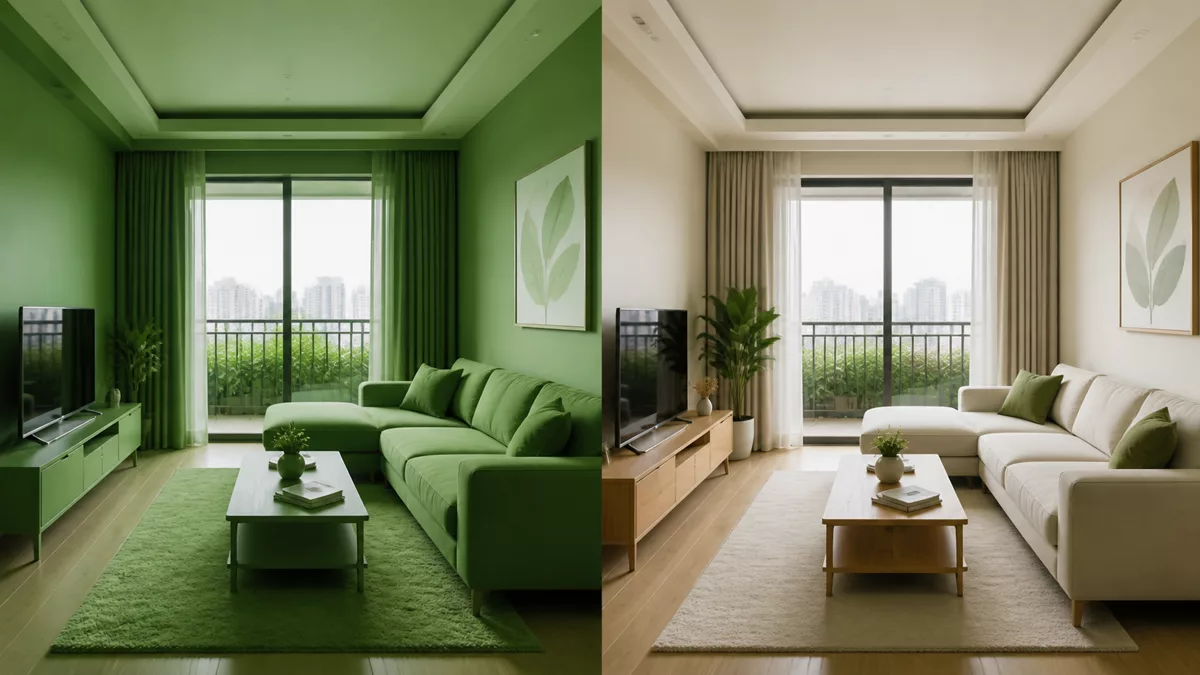 So sánh phòng phủ kín màu xanh với phòng dùng xanh làm điểm nhấn