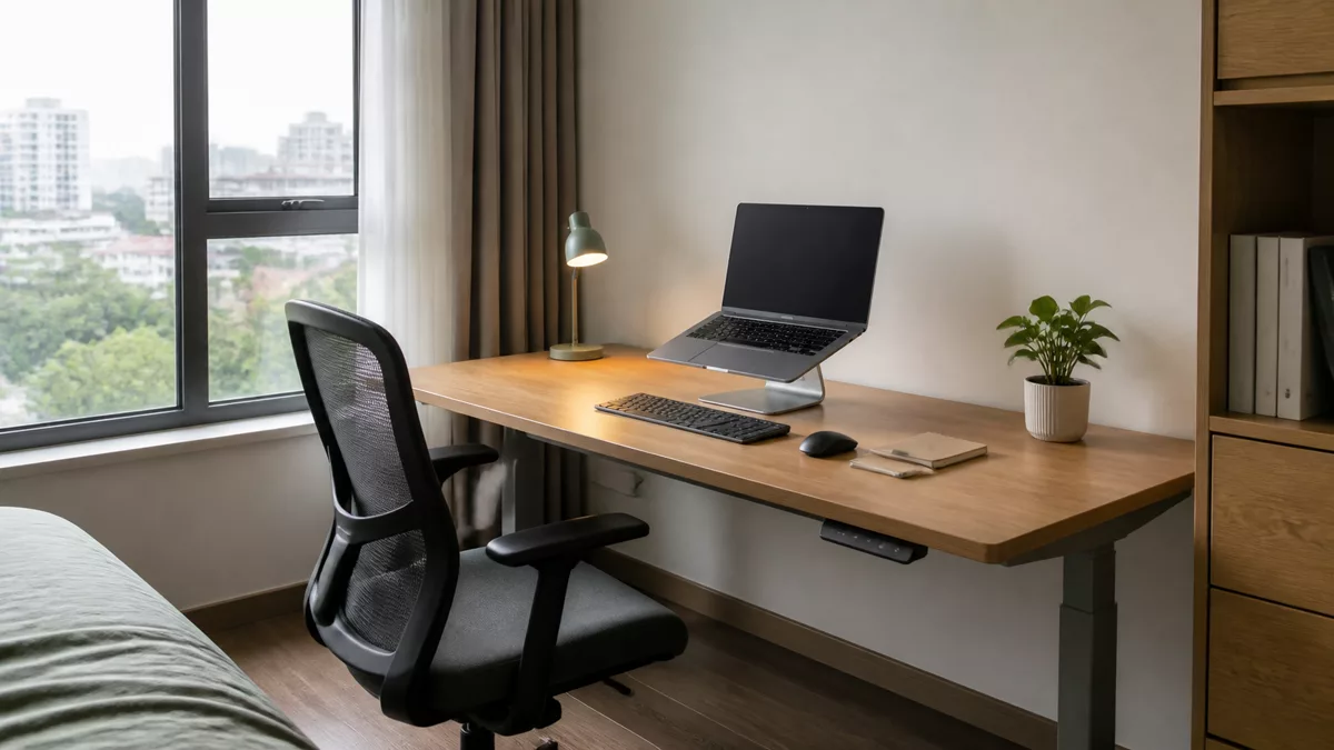Góc làm việc tại nhà đặt cạnh cửa sổ với mặt bàn thông thoáng
