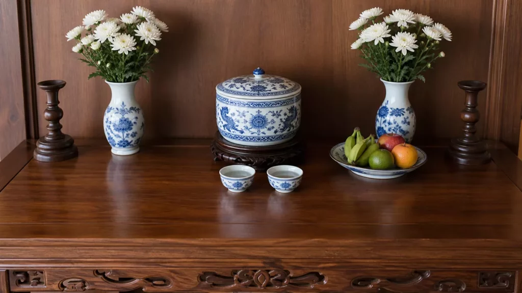 Một bát hương có nắp đặt cân giữa bàn thờ với khoảng trống vệ sinh phía trước