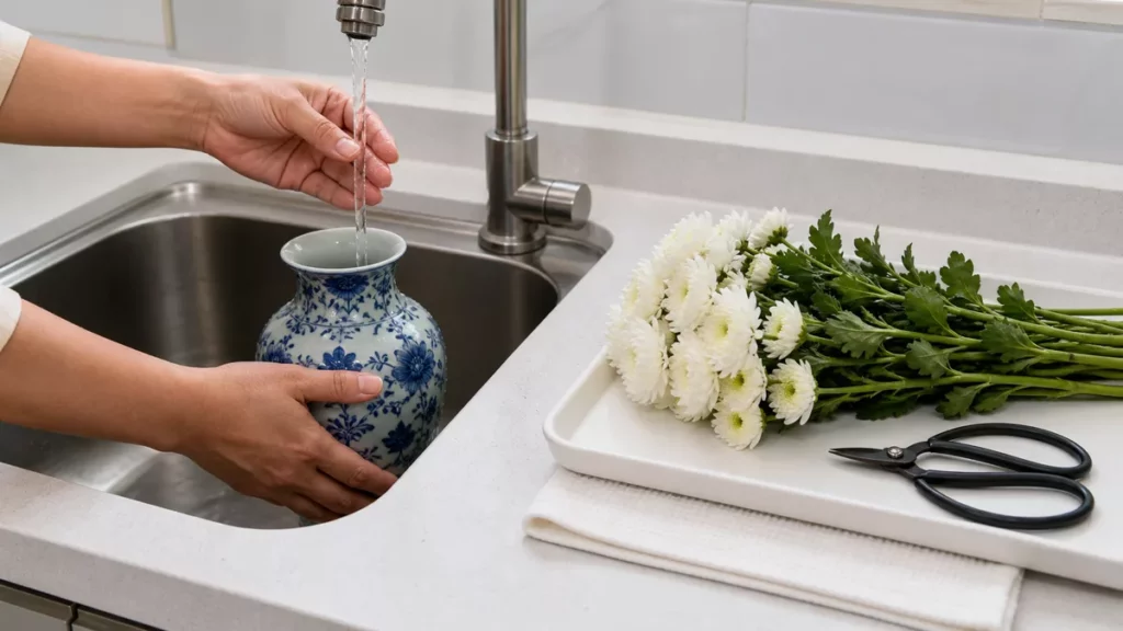 Lọ hoa được giữ chắc trong bồn rửa cạnh hoa tươi kéo và khăn trên khay khô