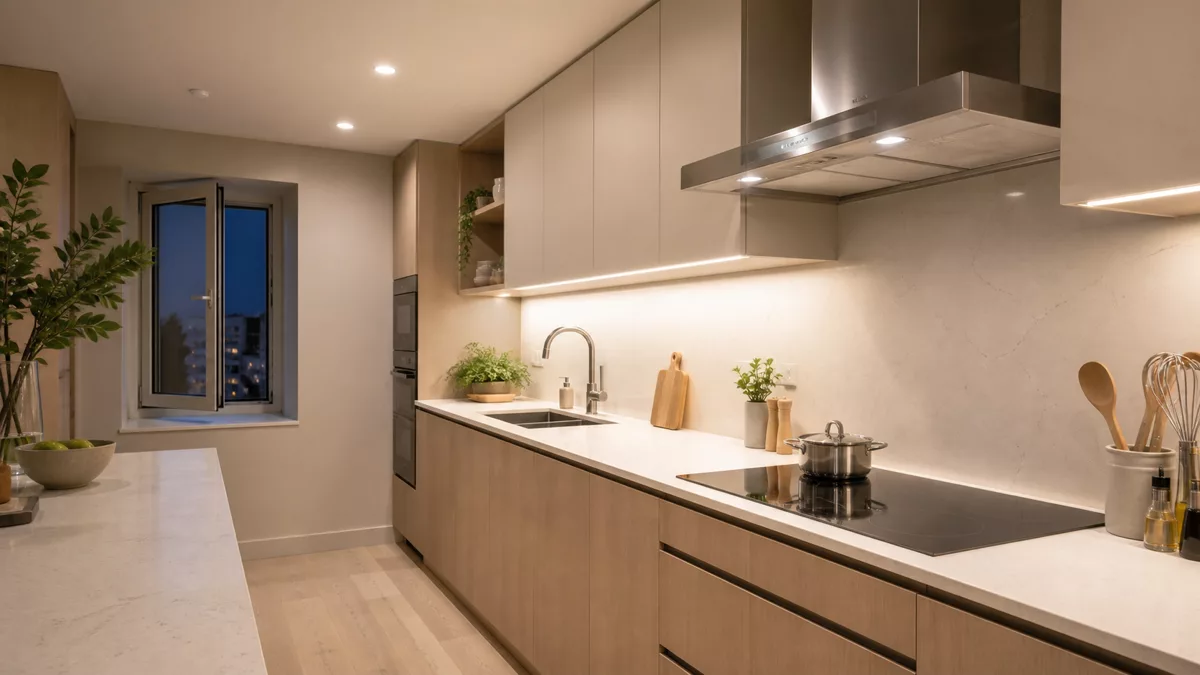 Bếp có máy hút mùi cửa sổ bên và đèn dưới tủ