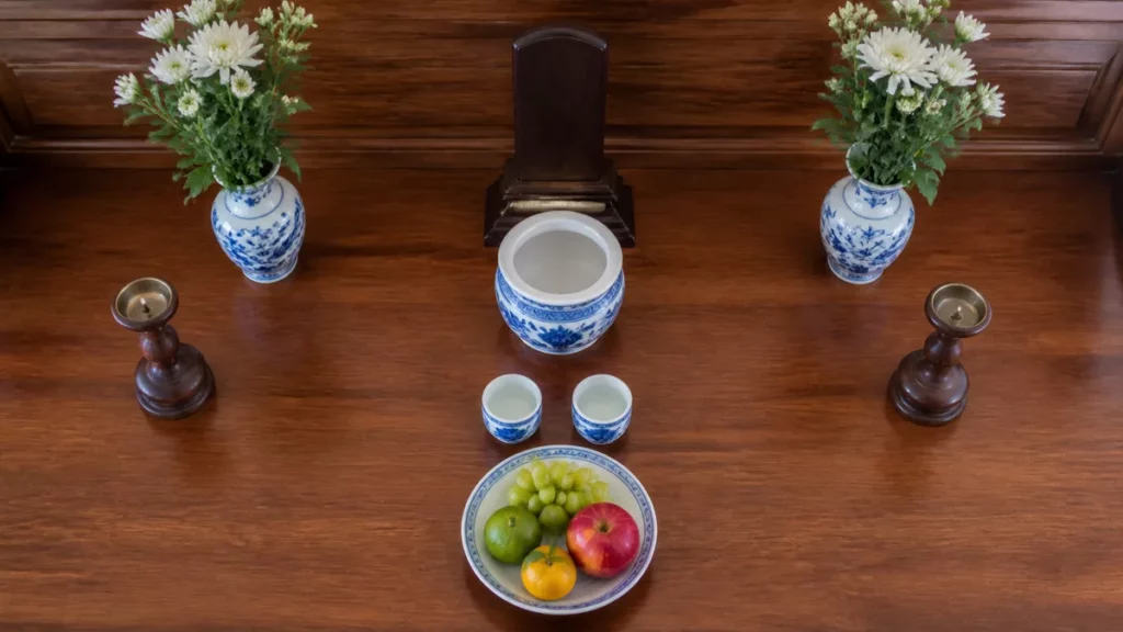 Mặt bàn thờ nhìn từ trên với bát hương ở giữa và đồ thờ cân đối hai bên