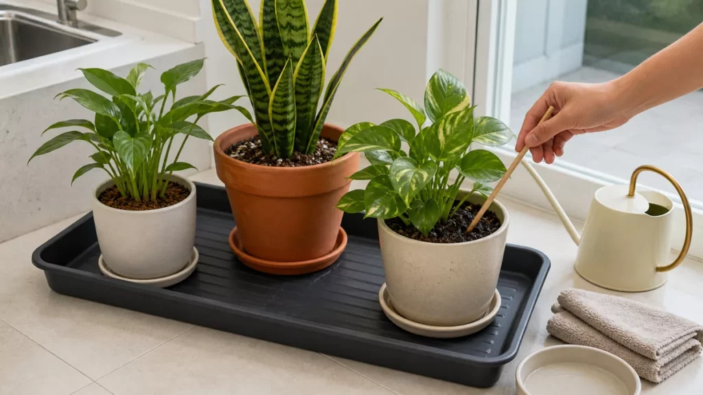 Ba chậu cây trên khay chống nước được kiểm tra đất trước khi tưới