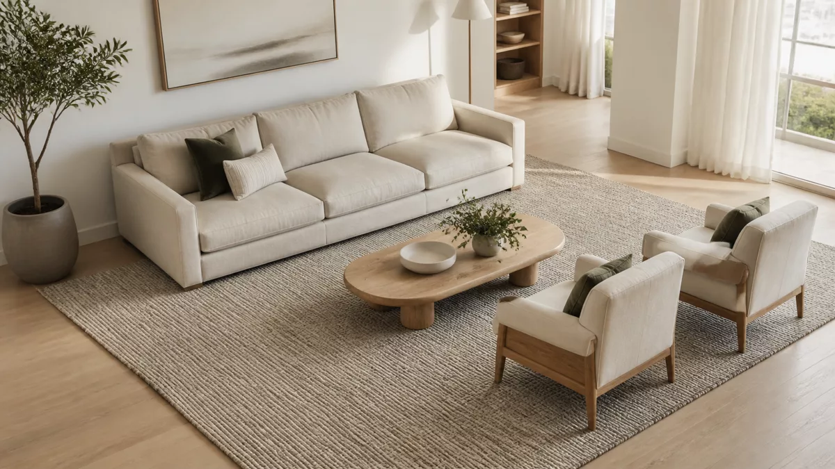 Sofa thảm lớn và bàn trà bo tròn có tỷ lệ cân đối