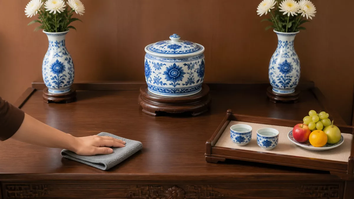 Tay lau vùng trống khi bát hương có nắp vẫn ổn định và đồ nhỏ nằm trên khay lót