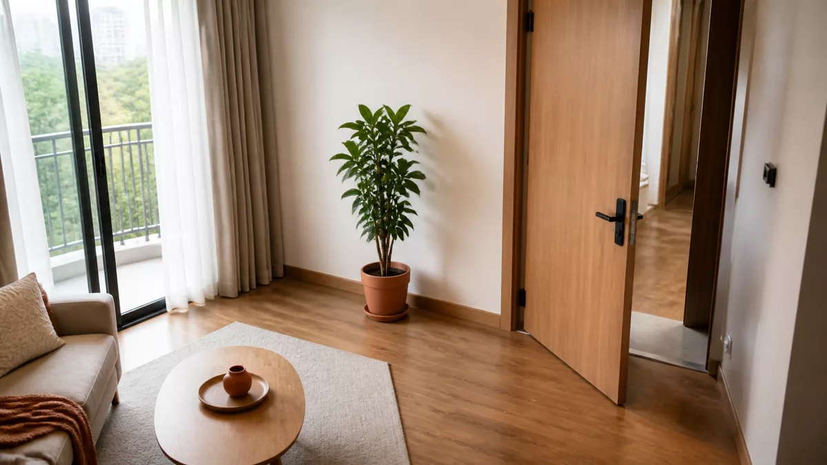 Cây tán gọn cạnh tường nằm ngoài cánh cửa và rèm cửa sổ