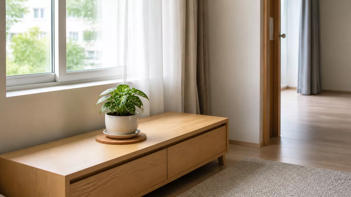 Cây nhỏ trên tủ thấp gần cửa sổ và ngoài lối đi