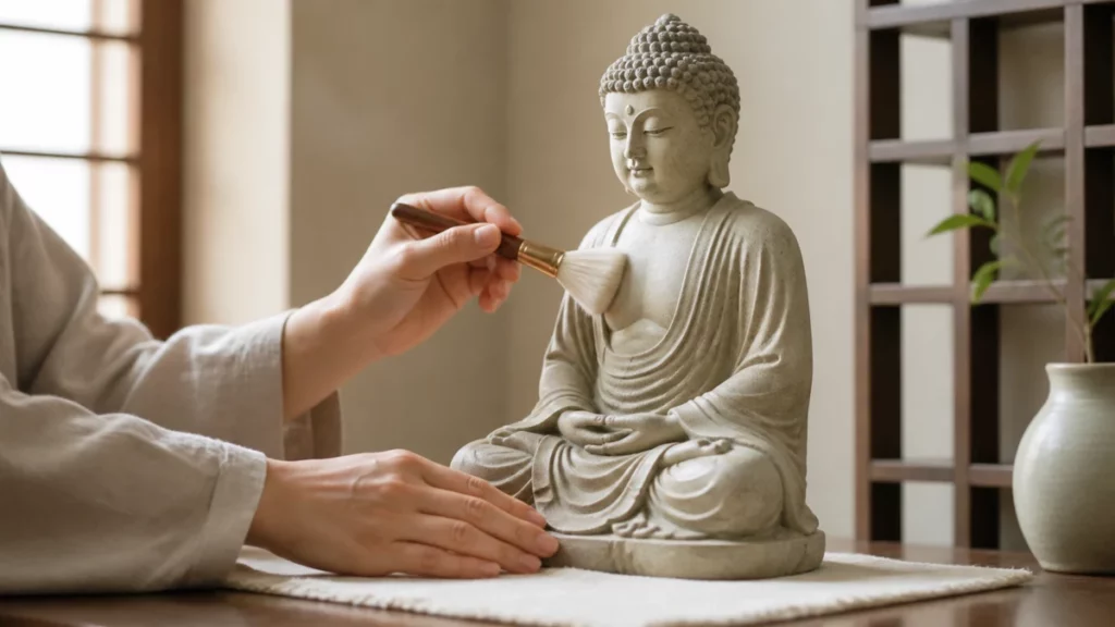 Bàn tay dùng chổi mềm vệ sinh tượng Phật trên khăn lót