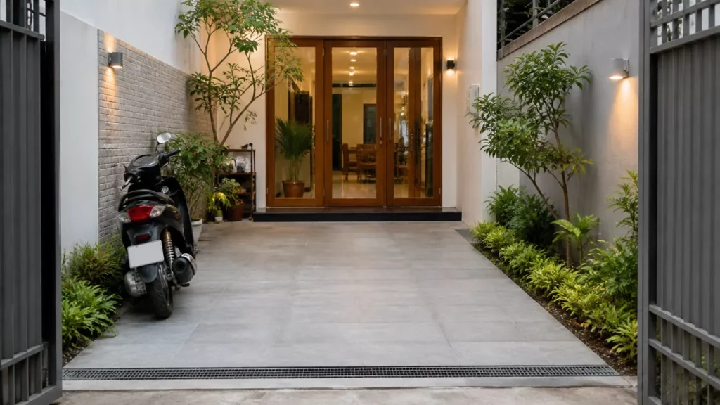 Sân trước nhà phố nhỏ có lối giữa thông thoáng, xe và cây được xếp gọn hai bên