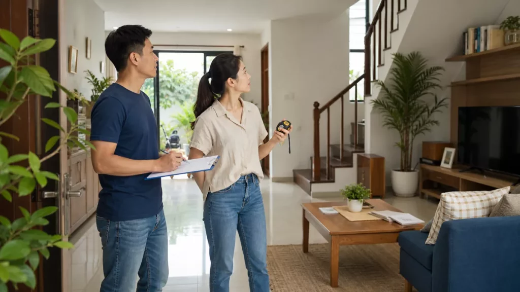 Gia đình kiểm tra tổng thể phòng khách bằng bảng ghi và thước đo