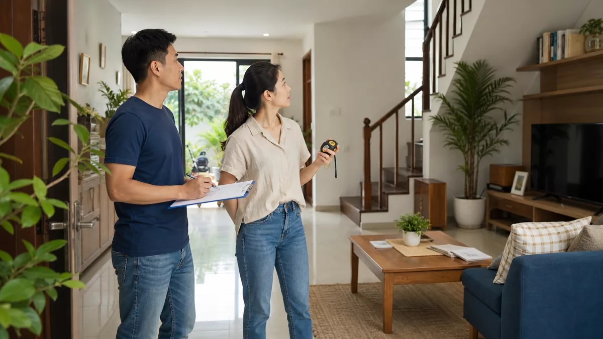 Gia đình kiểm tra tổng thể phòng khách bằng bảng ghi và thước đo