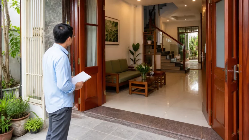 Người quan sát khoảng chuyển tiếp từ sân trước qua cửa chính vào phòng khách