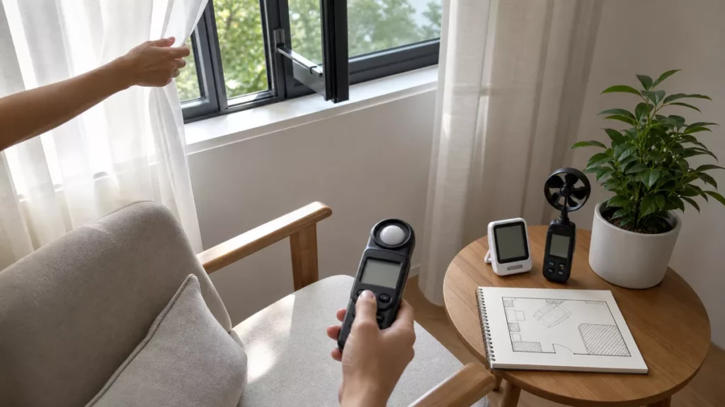 Thiết bị đo sáng nhiệt ẩm và luồng khí cạnh cửa sổ màn rèm cùng sơ đồ phòng