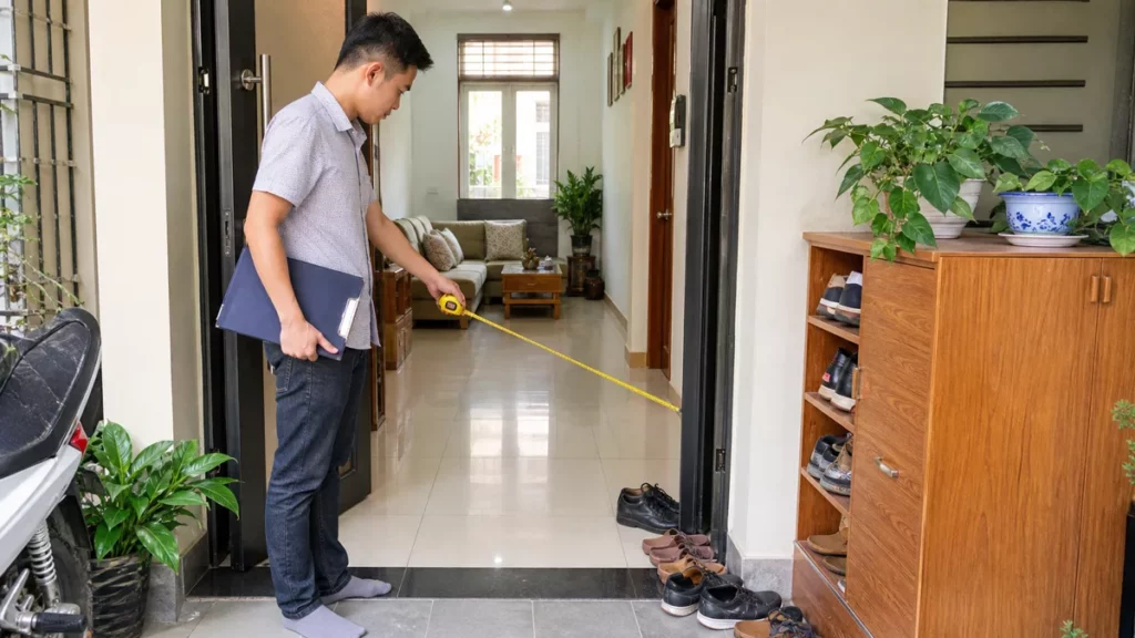 Người đo độ rộng lối vào, kiểm tra cửa và tủ giày được bố trí sang bên
