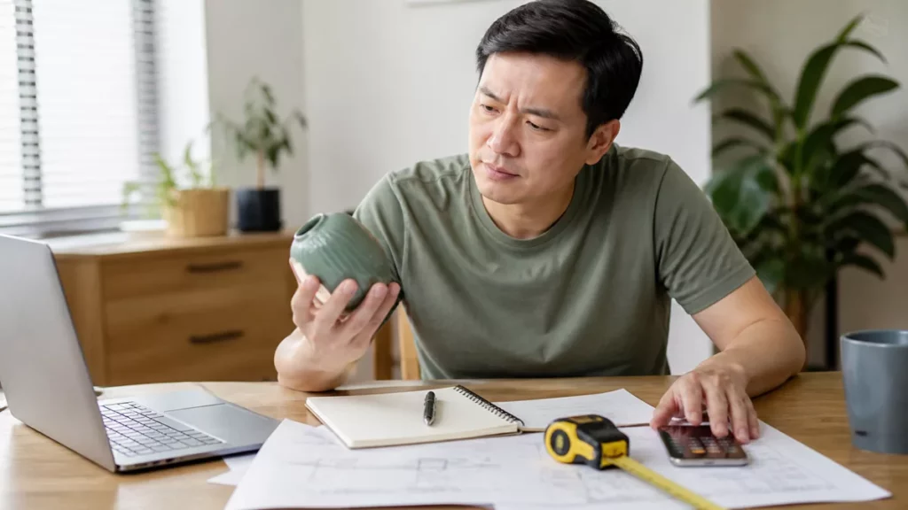 Người mua xem xét một vật trang trí và đối chiếu chi phí, kích thước cùng thông tin trước khi quyết định