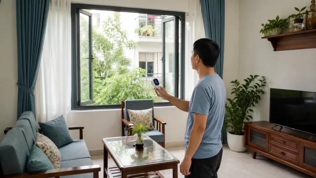 Người mở cửa sổ và dùng thiết bị kiểm tra chất lượng không khí trong phòng khách
