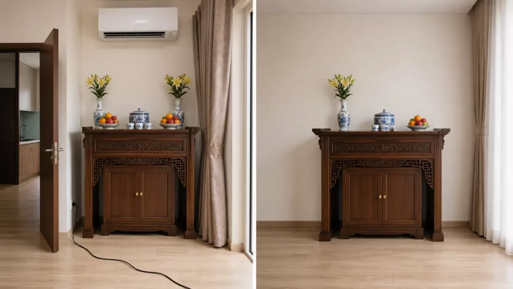 Bàn thờ bên trái dưới điều hòa sát rèm cửa và dây điện trong lối đi so với bố cục gọn bên phải