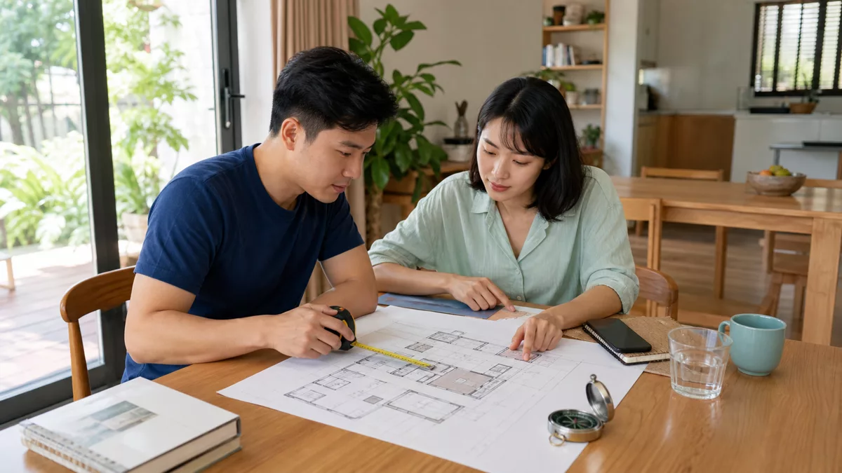 Gia đình xem bản vẽ nhà, đo kích thước và cân nhắc hướng cùng điều kiện sử dụng