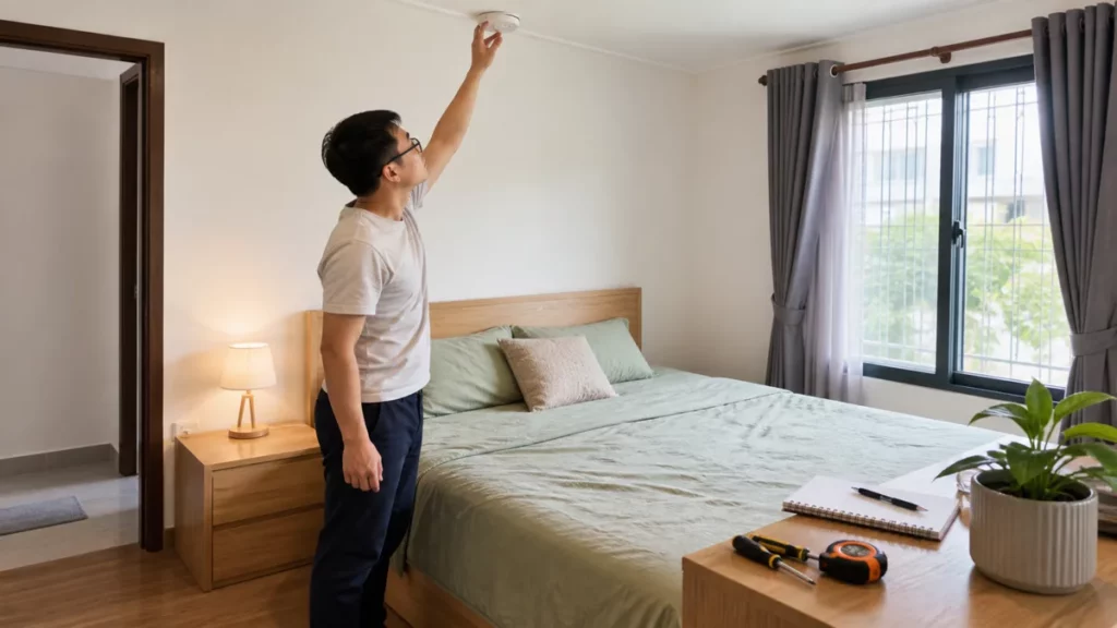 Người kiểm tra đầu báo khói trong phòng ngủ có lối đi thoáng và đèn đầu giường ổn định
