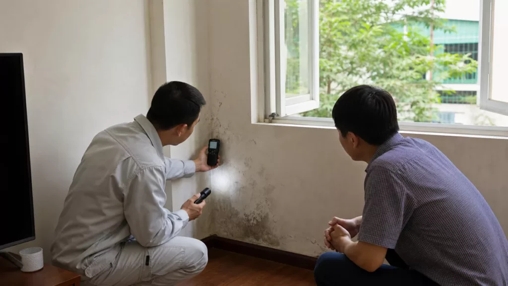 Kỹ thuật viên dùng máy đo độ ẩm kiểm tra mảng tường mốc cạnh cửa sổ cùng chủ nhà